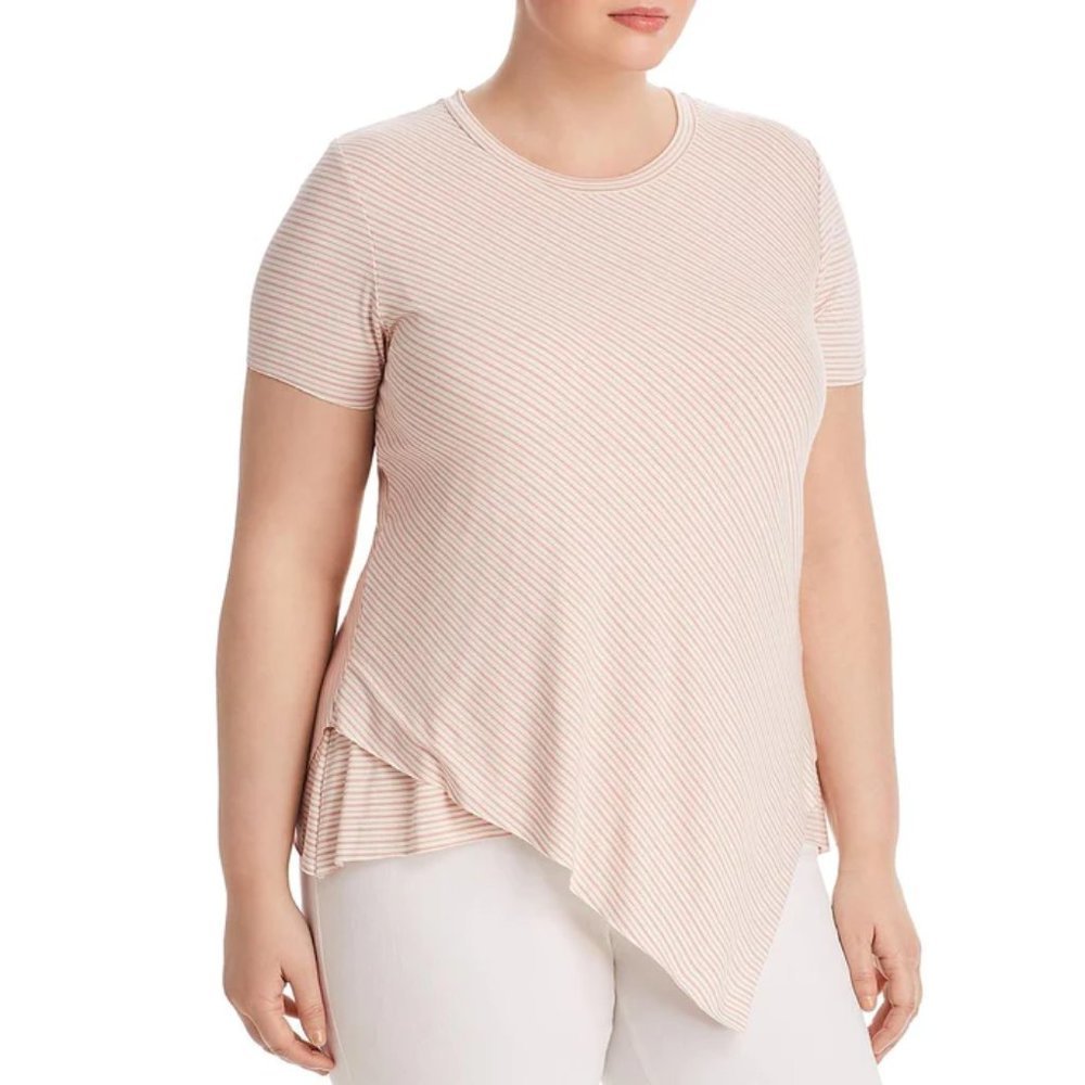 NWT Elan Women's Pink Striped Crewneck Asymmetrical Short Sleeve Top Size 1X